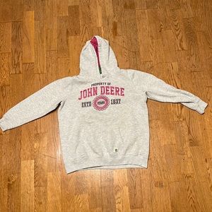 gray sweatshirt, john deere